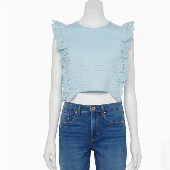 Juniors' SO Broderie Frill Top-NEW Sz MD eyelet cropped baby blue NWT blouse - Picture 2 of 10